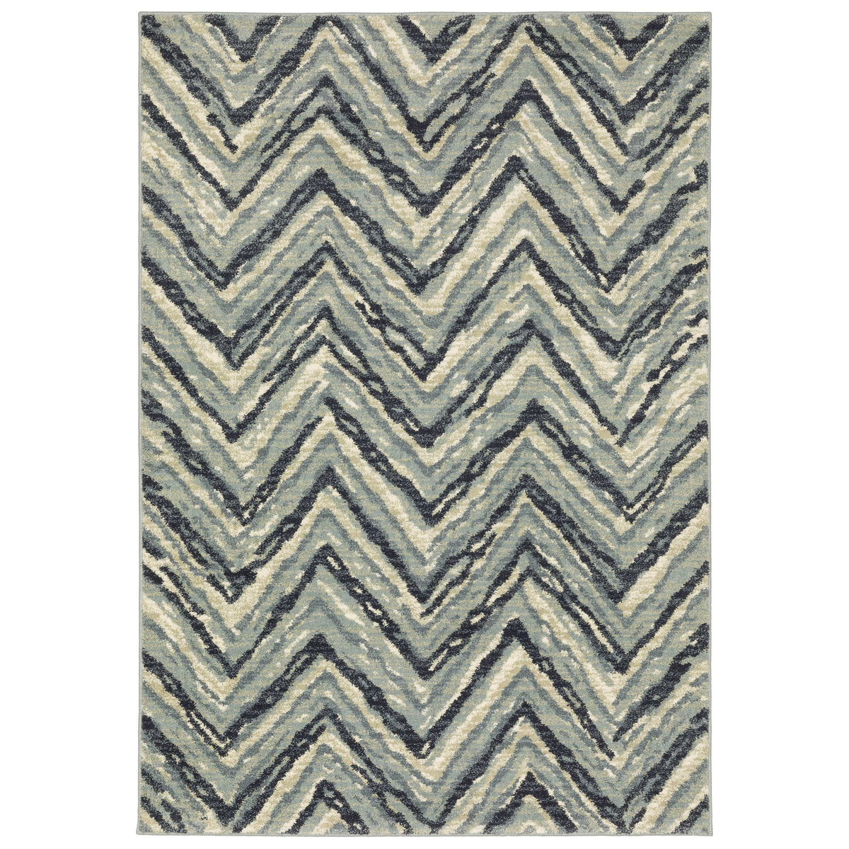 Seneca Blue & Ivory Chevron Rug with dense, high-pile polypropylene texture and modern zigzag pattern.