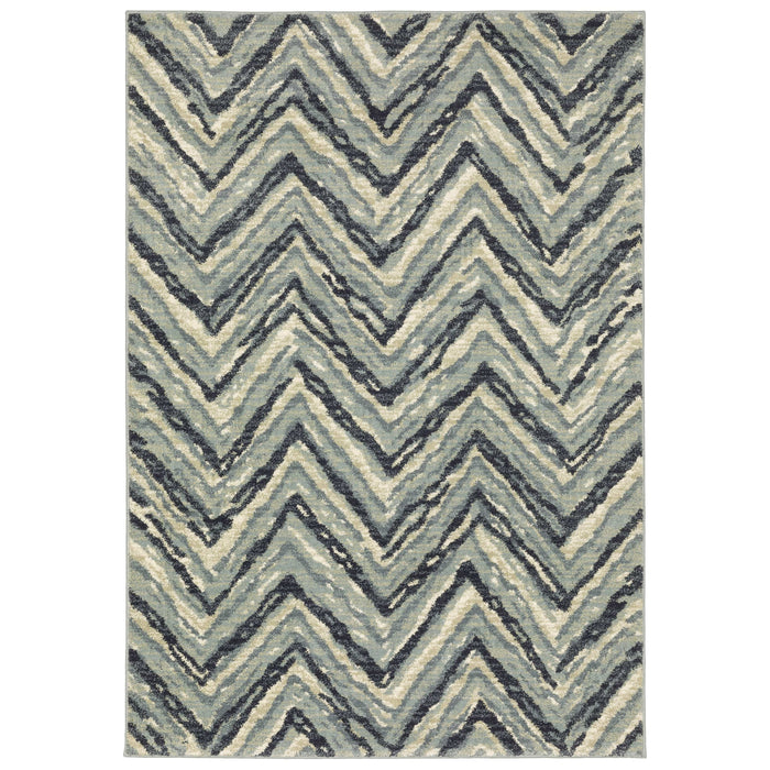 Seneca Blue & Ivory Chevron Rug with dense, high-pile polypropylene texture and modern zigzag pattern.