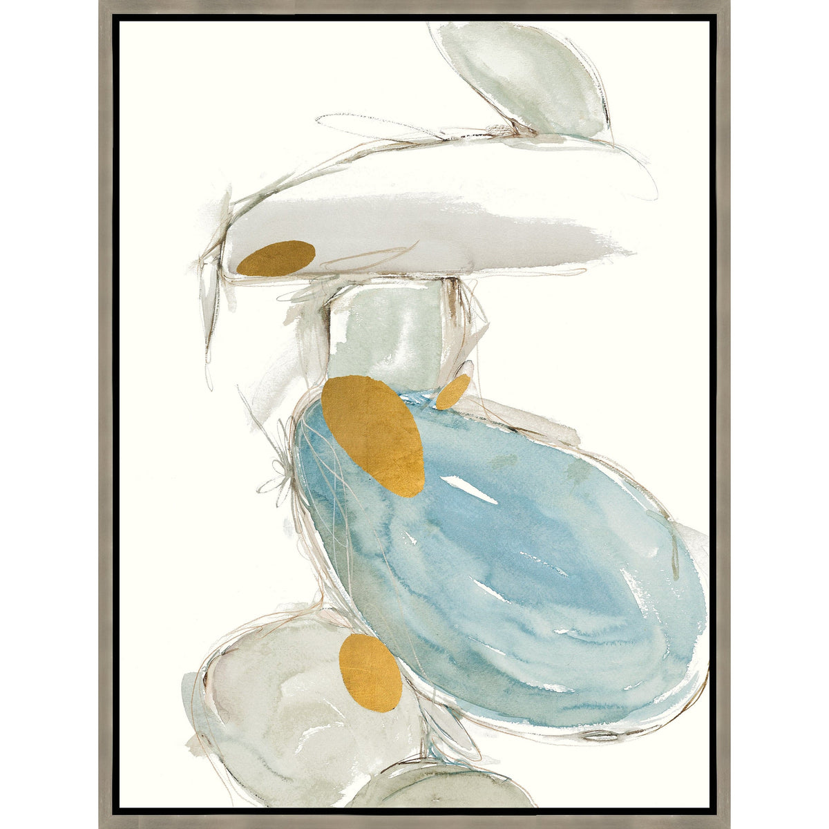 Abstract giclee painting by Sara Brown with blue, gray, and gold leaf accents in a framed design.