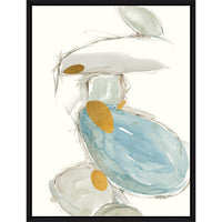 Abstract giclee painting with blue, grey, and gold leaf accents, framed in black.