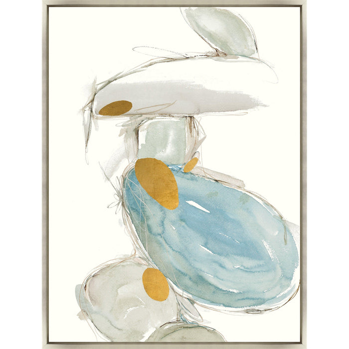 Abstract giclee painting with blue, grey, and gold leaf accents in a light frame.