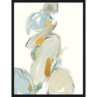 Sense Balance II Giclee Painting by Sara Brown, abstract art with blue, green, and gold leaf accents in a black frame.