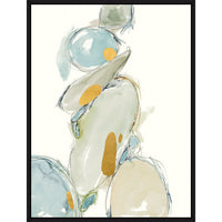 Abstract giclee painting "Sense Balance II" by Sara Brown, featuring stacked organic shapes in soft blues, greens, and gold leaf.