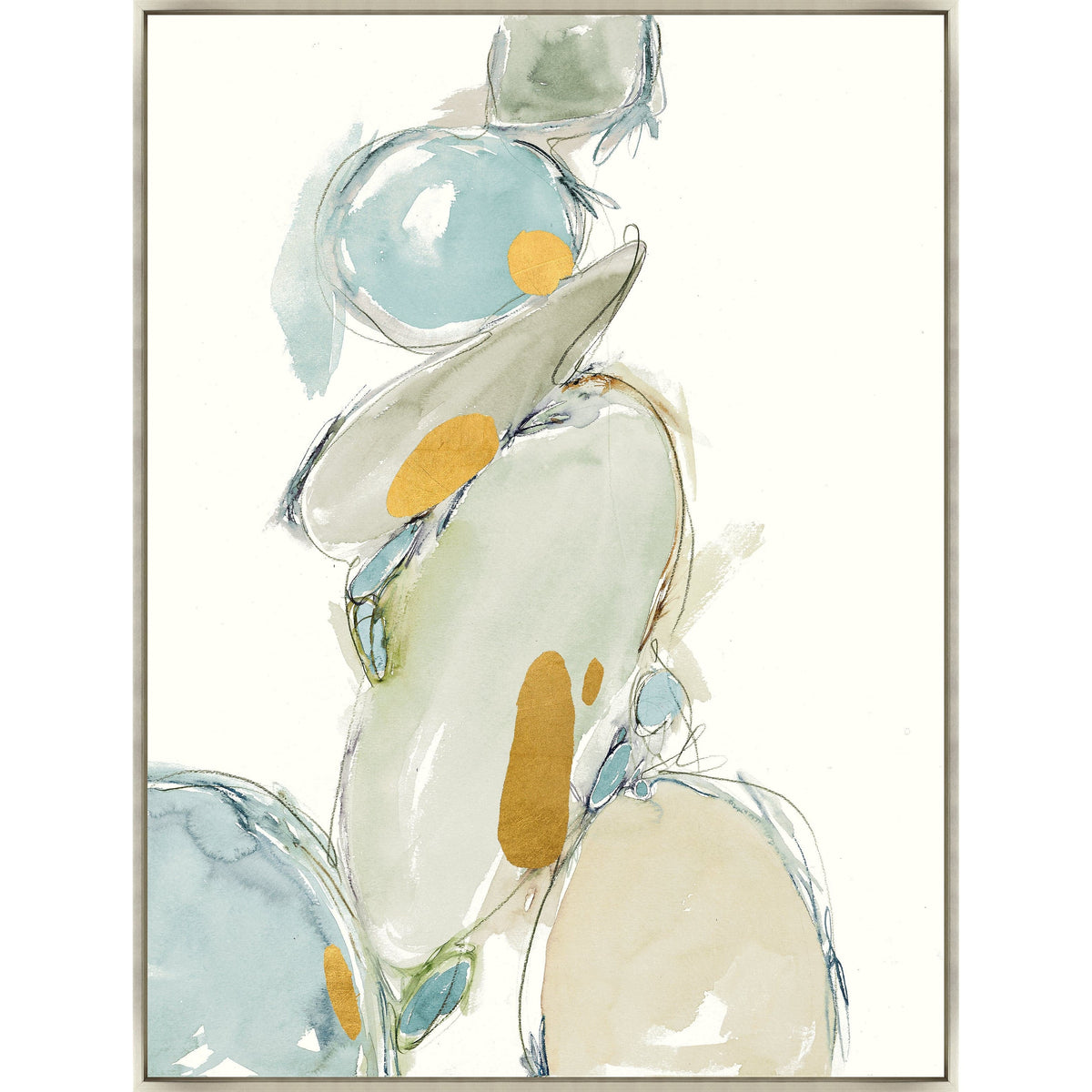 Abstract giclee painting with gold leaf, blue, green, and beige watercolor shapes in a light frame.
