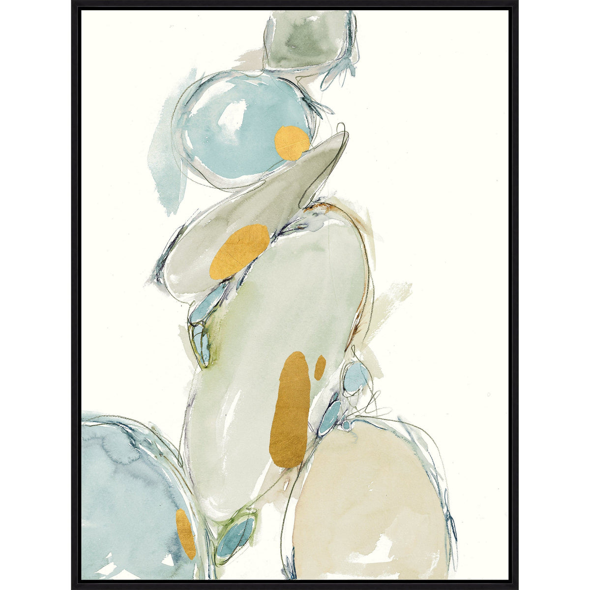 Abstract giclee painting with stacked organic shapes in muted blues, greens, and gold leaf on a white background.