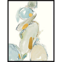 Abstract giclee painting with stacked organic shapes in muted blues, greens, and gold leaf on a white background.