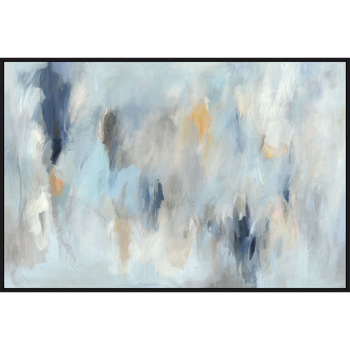 Abstract giclee painting by Guseul Park with blue, gray, white, and orange brushstrokes in a black frame.