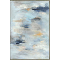Abstract giclee painting with graceful blue, grey, and orange brushstrokes in a light wood frame.