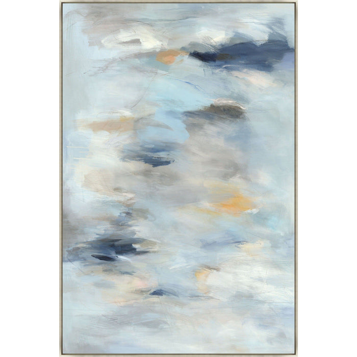 Abstract giclee painting with graceful blue, grey, and orange brushstrokes in a light wood frame.