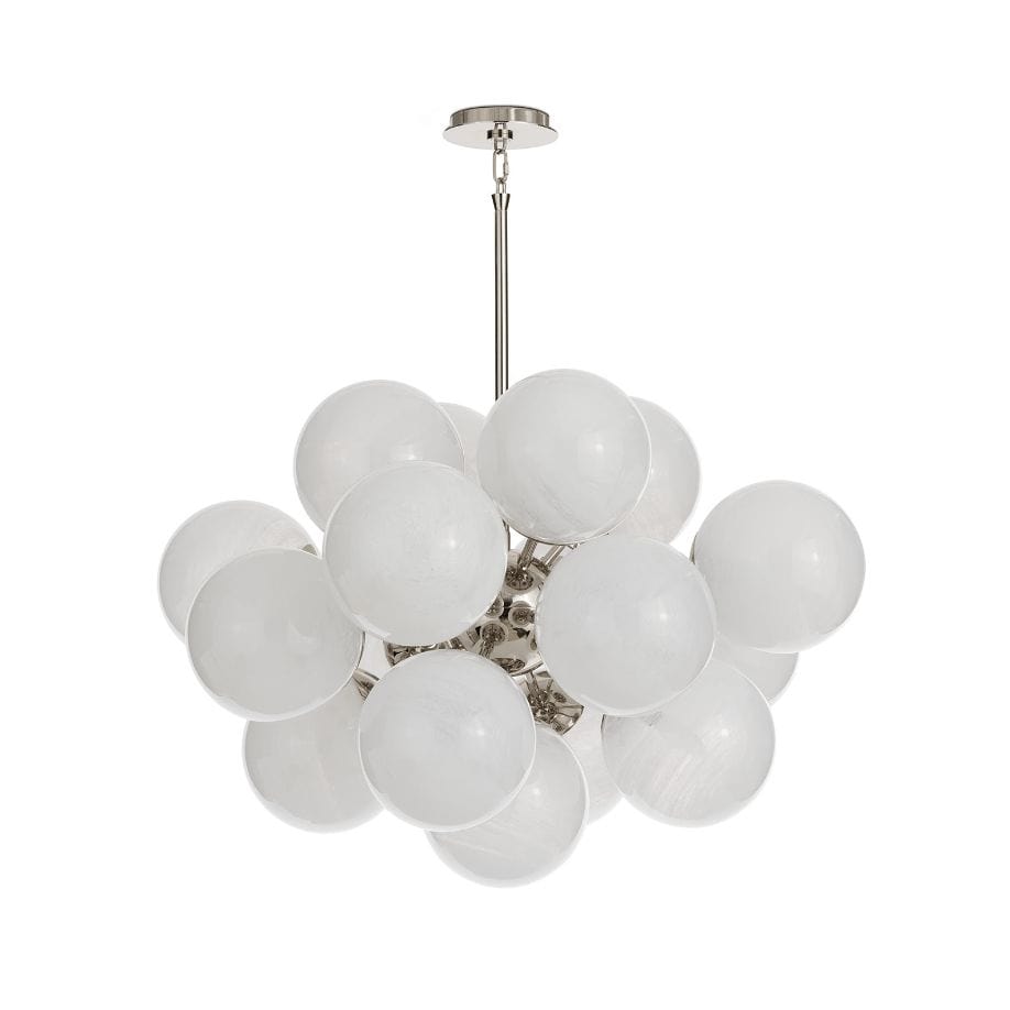 Shine Chandelier with white swirled glass globes and polished nickel frame, 33.75" wide.