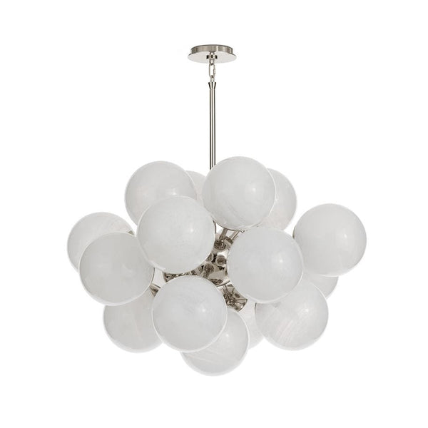 Shine Chandelier with white swirled glass globes and polished nickel frame, 33.75" wide.
