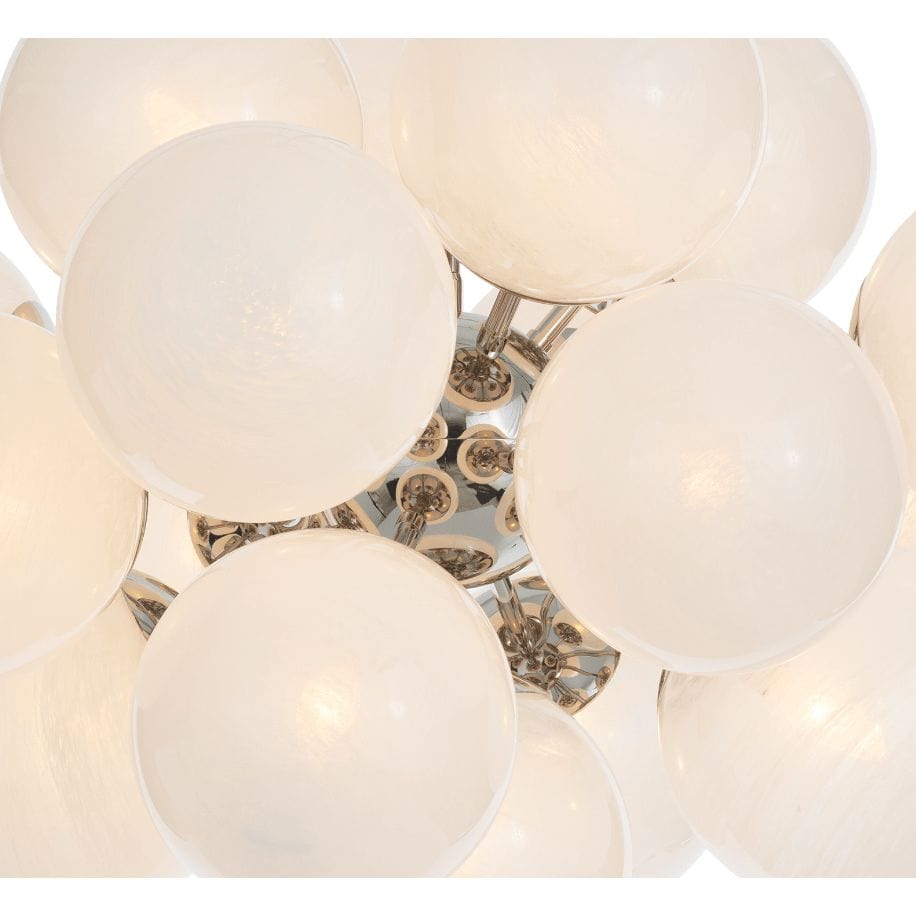 Shine Chandelier with white swirled glass globes and polished nickel frame, mid-century modern style.