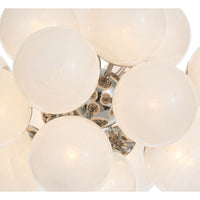 Shine Chandelier with white swirled glass globes and polished nickel frame, mid-century modern style.