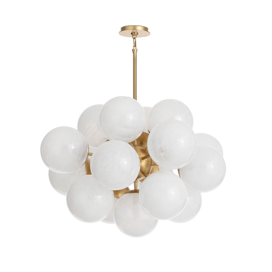 Shine Chandelier with white swirled glass globes and a natural brass frame, 33.75" wide.