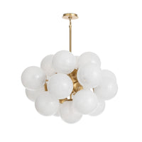 Shine Chandelier with white swirled glass globes and a natural brass frame, 33.75" wide.
