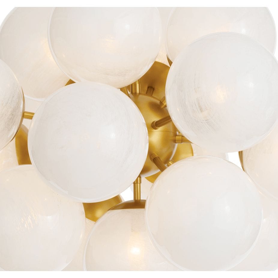 Shine Chandelier with white swirled glass globes and natural brass frame, mid-century modern style.