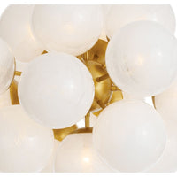 Shine Chandelier with white swirled glass globes and natural brass frame, mid-century modern style.