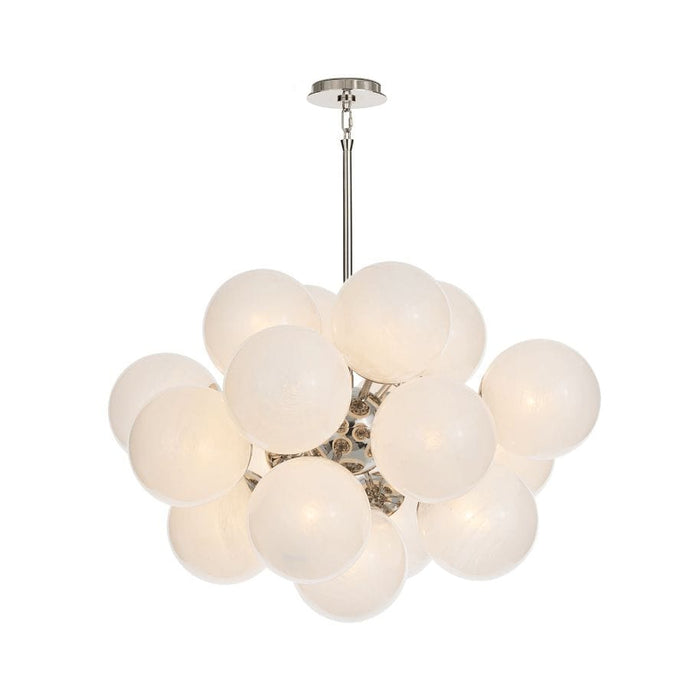 Shine Chandelier with 17 white swirled glass globes and polished nickel frame, mid-century modern style.
