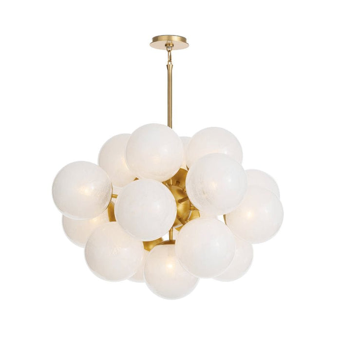 Shine Chandelier with white swirled glass globes and natural brass frame, mid-century modern style.