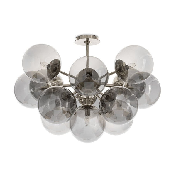 Shine Flush Mount Chandelier with 13 smoked glass globes and polished nickel accents.