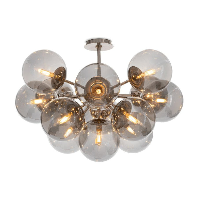 Shine Flush Mount Chandelier with smoked glass globes and polished nickel accents.