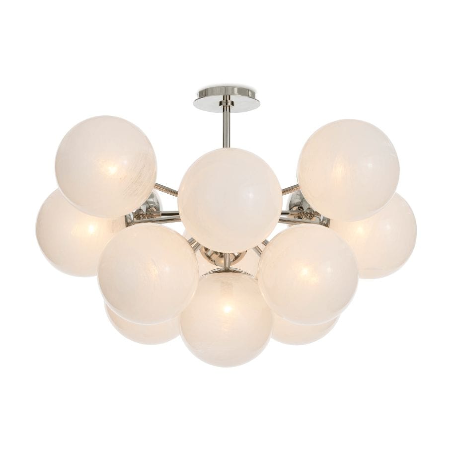 Shine Flush Mount chandelier with white swirled glass spheres and polished nickel accents.