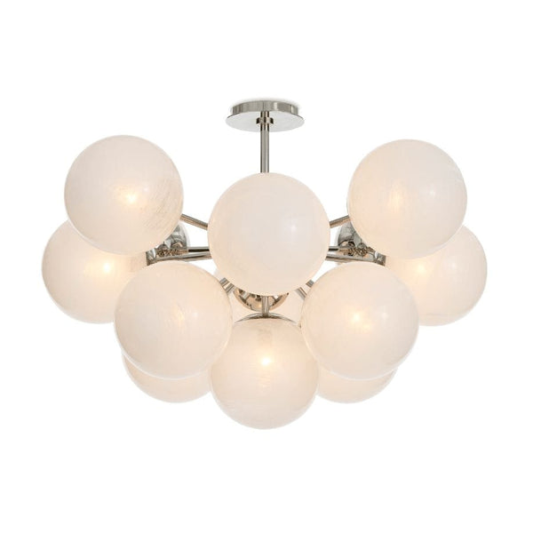 Shine Flush Mount chandelier with white swirled glass spheres and polished nickel accents.
