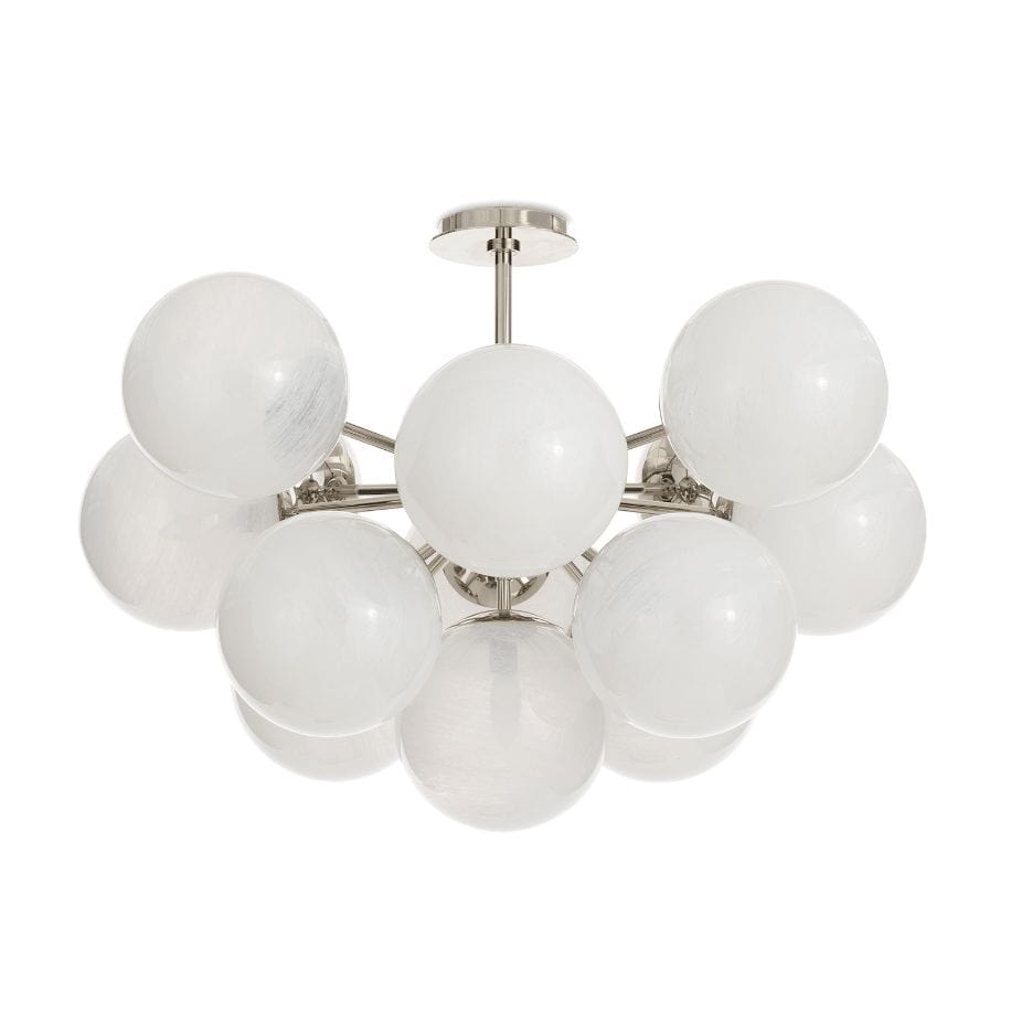 Shine Flush Mount with white swirled glass spheres and polished nickel accents, mid-century modern style.