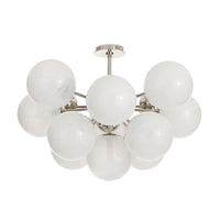Shine Flush Mount with white swirled glass spheres and polished nickel accents, mid-century modern style.