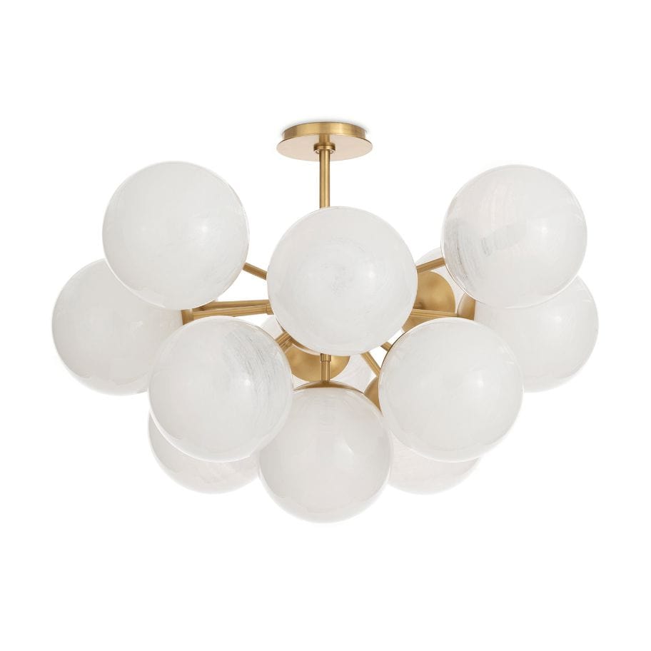 Shine Flush Mount with white swirled glass spheres and natural brass accents.