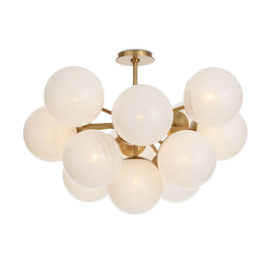 Shine Flush Mount with white swirled glass spheres and polished nickel natural brass accents.