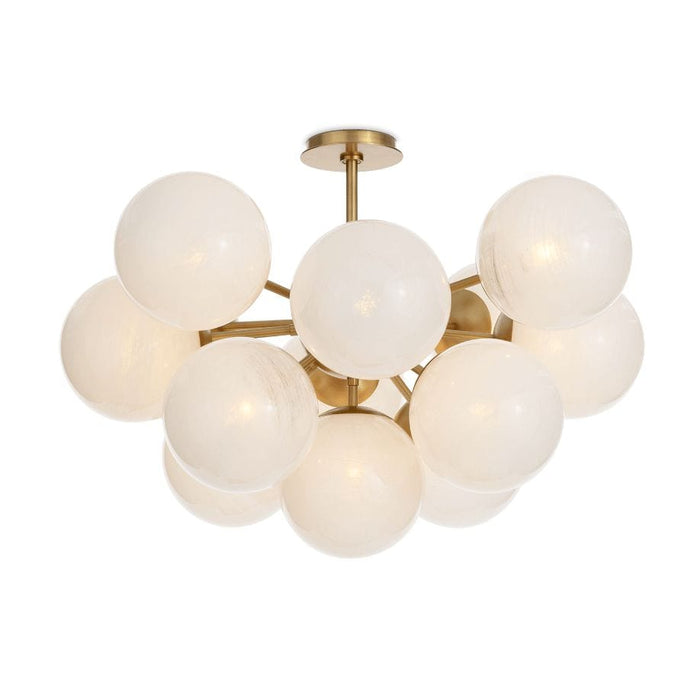 Shine Flush Mount with white swirled glass spheres and polished nickel natural brass accents.