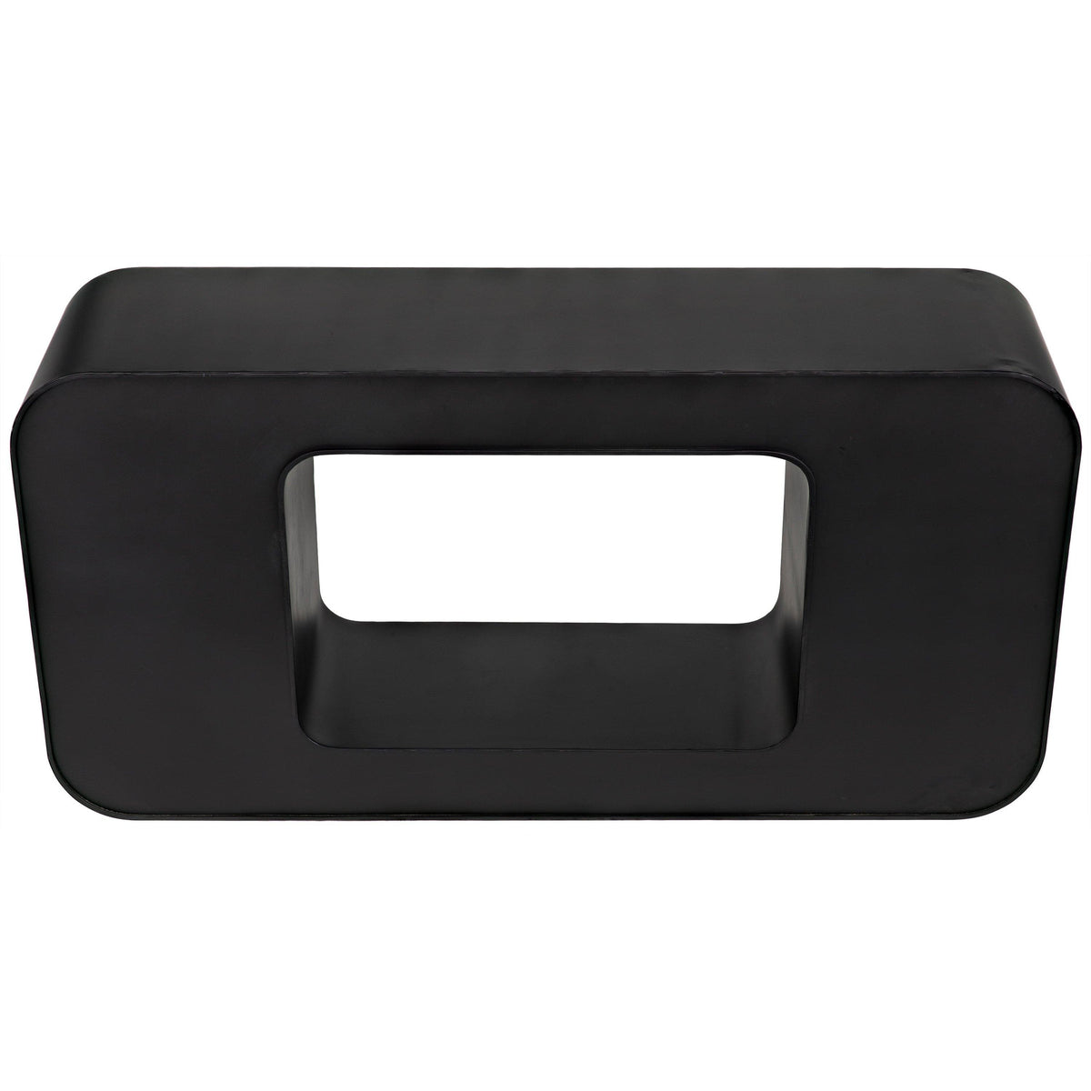 Black steel Shylock console with sleek rounded rectangular top and solid ovoid base.