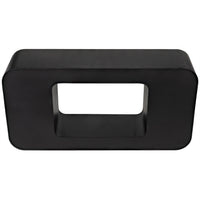 Black steel Shylock console with sleek rounded rectangular top and solid ovoid base.