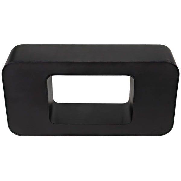 Black steel Shylock console with sleek rounded rectangular top and solid ovoid base.