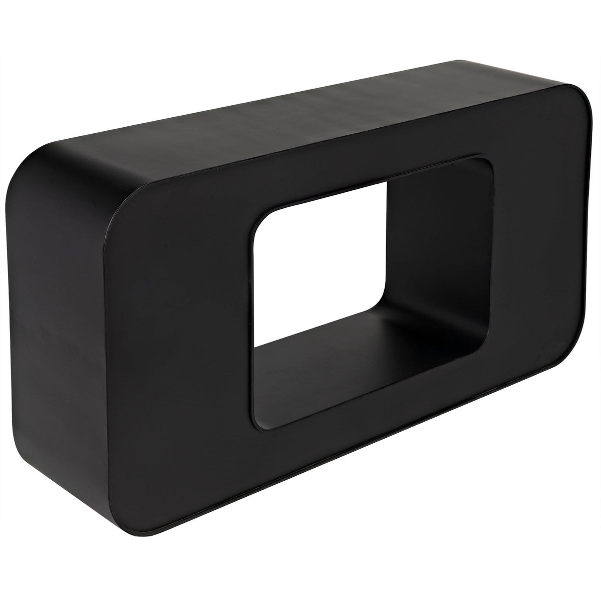 Sleek black steel console with rounded rectangular top and solid ovoid base, 30"H x 60"W x 15"D.