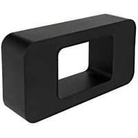 Sleek black steel console with rounded rectangular top and solid ovoid base, 30"H x 60"W x 15"D.