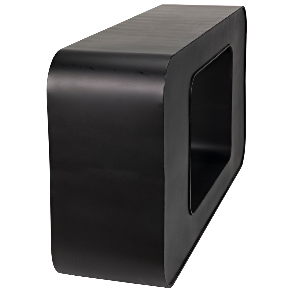 Sleek black steel console with rounded rectangular top and solid ovoid base, 60"W.