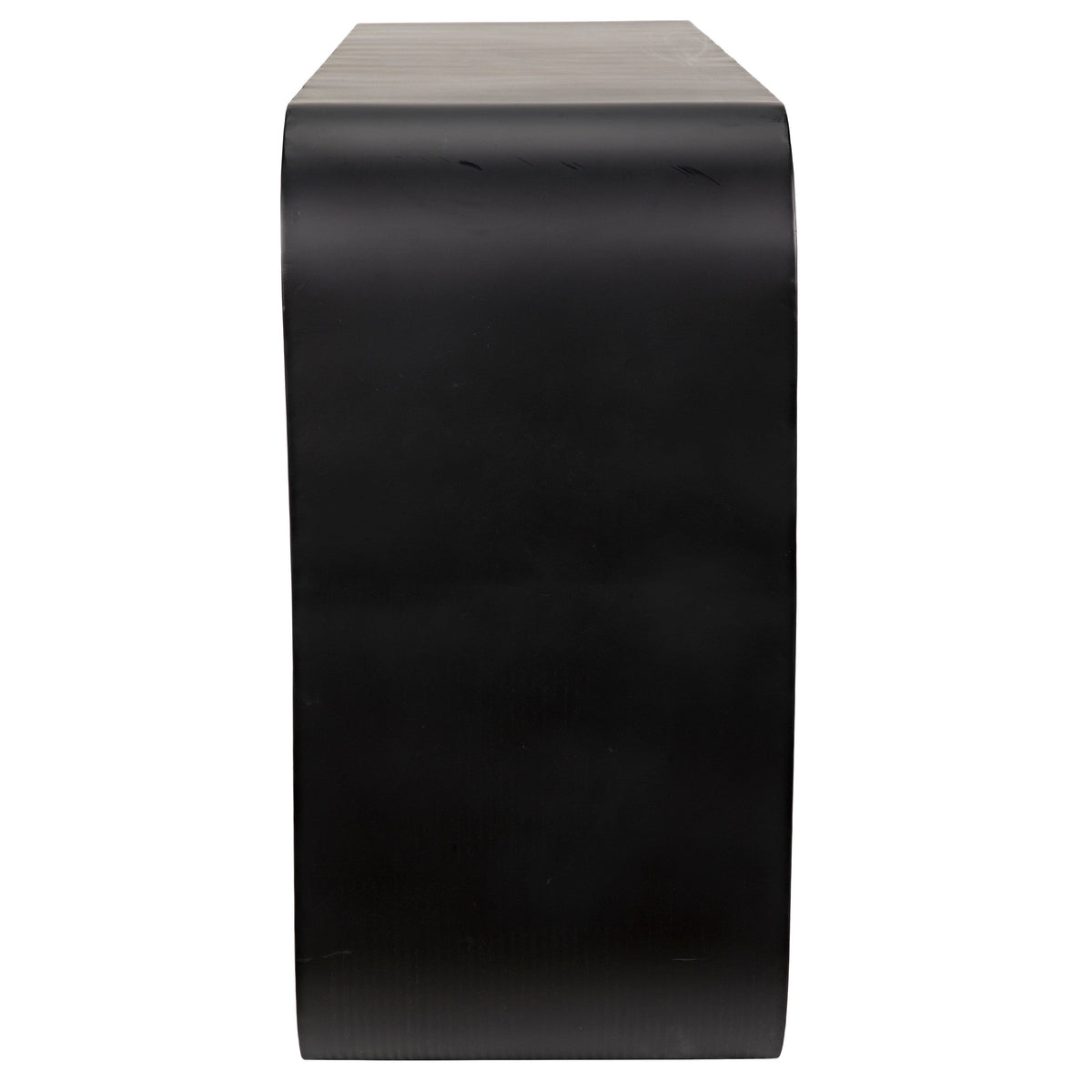 Sleek black steel console with a rounded rectangular top and solid ovoid base, 30"H x 60"W x 15"D.