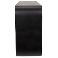 Sleek black steel console with a rounded rectangular top and solid ovoid base, 30"H x 60"W x 15"D.