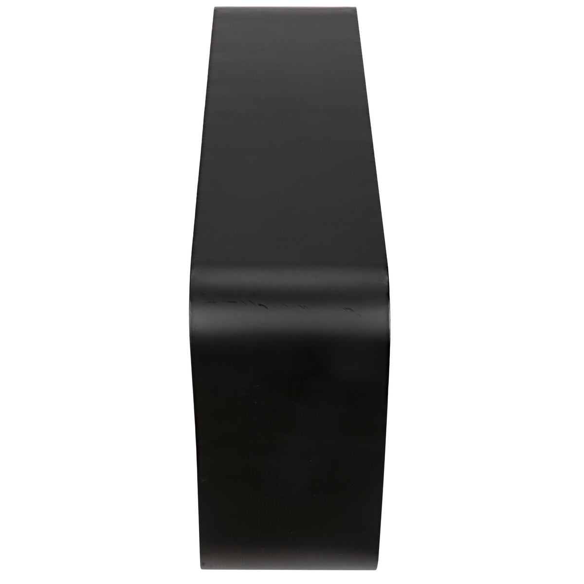 Sleek black steel Shylock console with rounded rectangular top and solid ovoid base, 60"W.