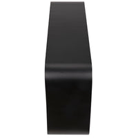 Sleek black steel Shylock console with rounded rectangular top and solid ovoid base, 60"W.