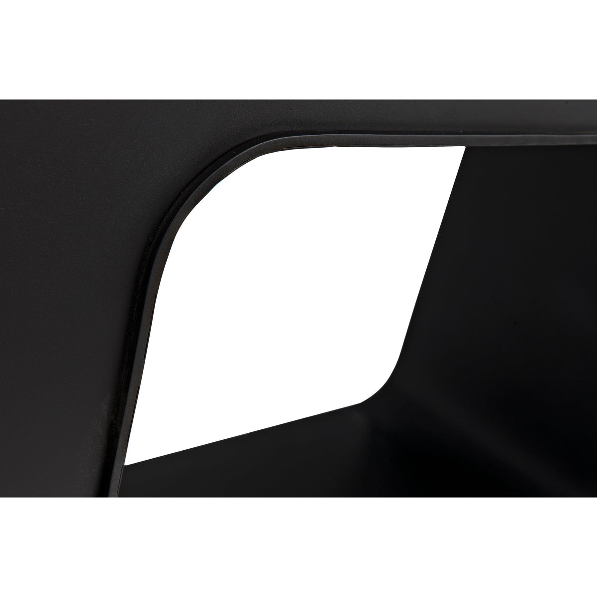 Black steel Shylock console with a sleek design and solid ovoid base.