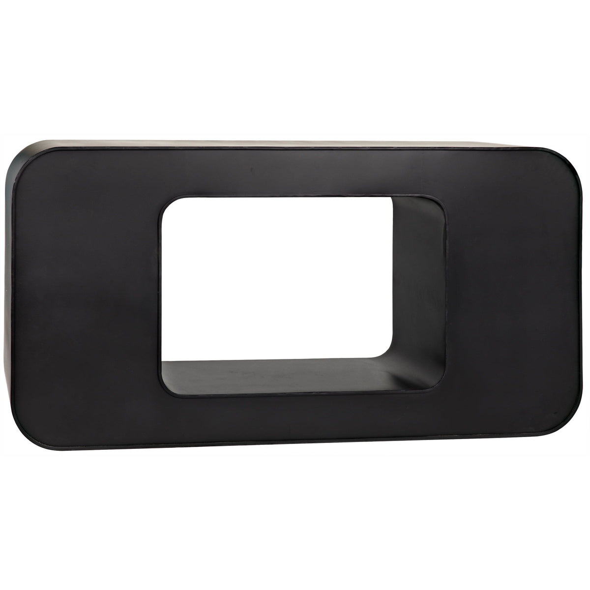 Sleek black steel console with rounded rectangular top and solid ovoid base, 60"W.