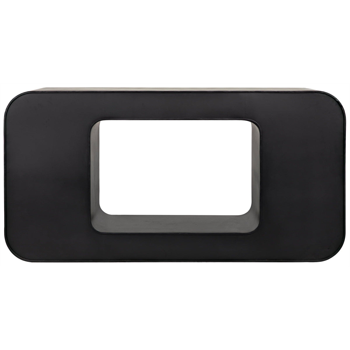 Sleek black steel console with rounded rectangular top and solid ovoid base, 30"H x 60"W x 15"D.