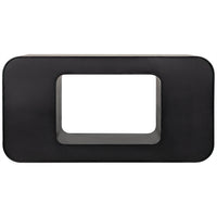 Sleek black steel console with rounded rectangular top and solid ovoid base, 30"H x 60"W x 15"D.