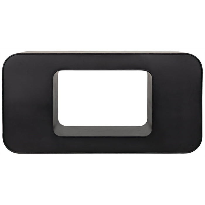 Sleek black steel console with rounded rectangular top and solid ovoid base, 30"H x 60"W x 15"D.