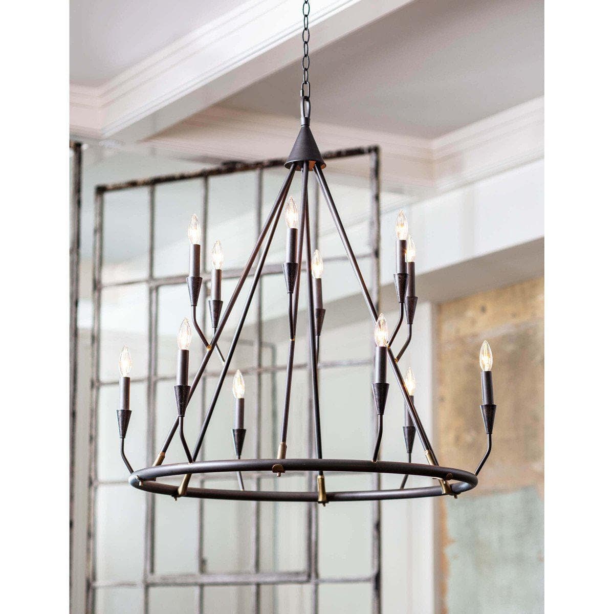 Sierra Blackened Steel Double Tier Chandelier, rustic farmhouse style with 12 candelabra bulbs.