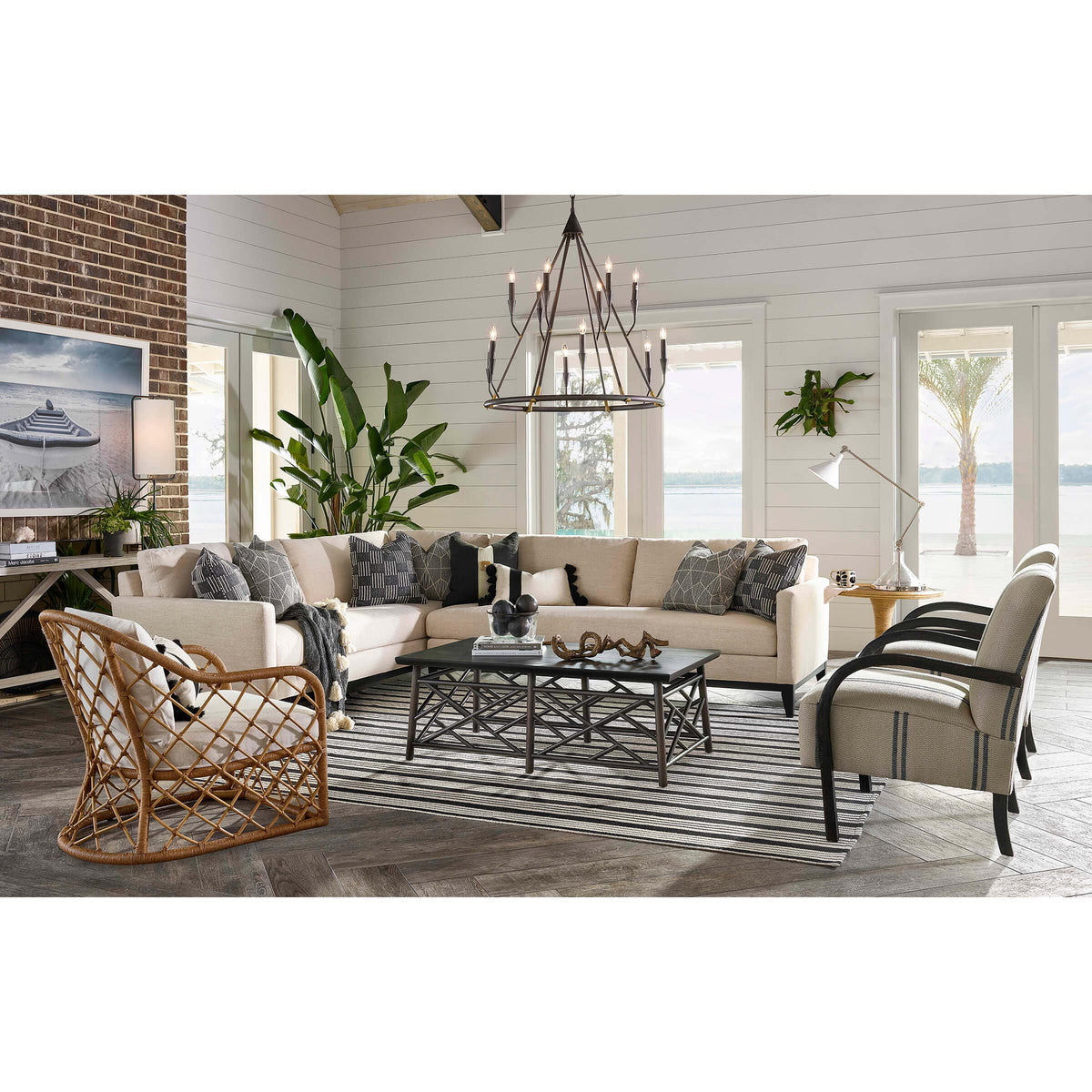 Sierra Blackened Steel Double Tier Chandelier, 41"H x 35.5"W, with 12 candelabra bulbs, in a modern farmhouse living room.