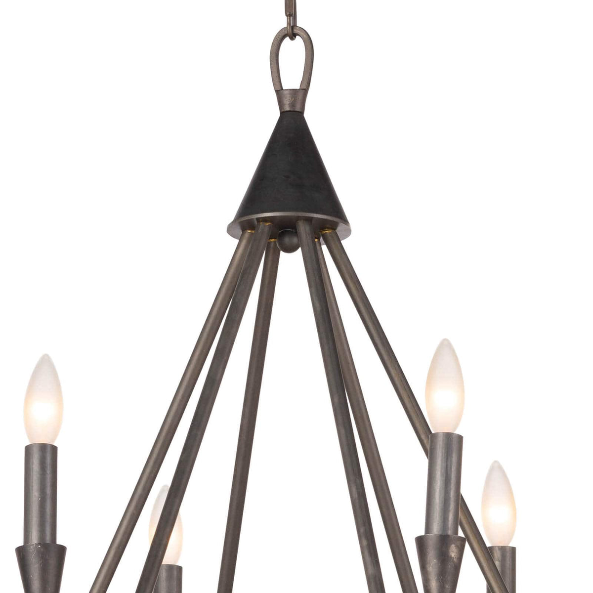 Sierra Blackened Steel Double Tier Chandelier, rustic modern farmhouse style, with candelabra bulbs.